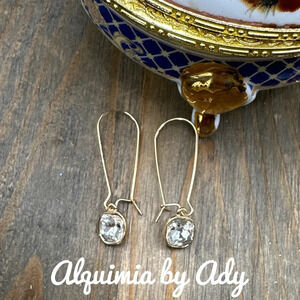 Diamond style jewel tone crystal charms extra long dangle Gold hoop earrings